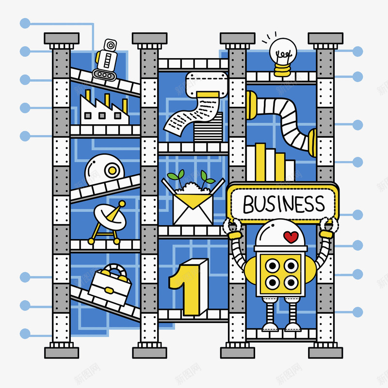 机器人工厂png免抠素材_新图网 https://ixintu.com 信件 信号塔 信封 机器人工厂 水彩 灯泡 科技 蓝色