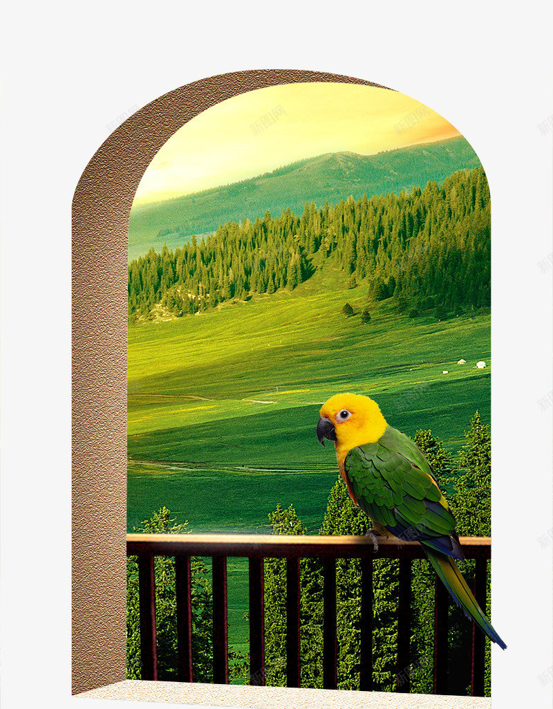地产广告元素窗台上的鹦鹉png免抠素材_新图网 https://ixintu.com 地产广告元素窗台上的鹦鹉 小鸟 绿色山坡 草地 草坪