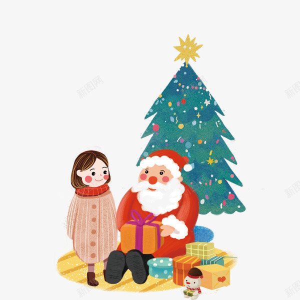 卡通手绘圣诞节送礼物给女孩psd免抠素材_新图网 https://ixintu.com 卡通手绘圣诞节送礼物给女孩 圣诞夜 圣诞树 圣诞礼物