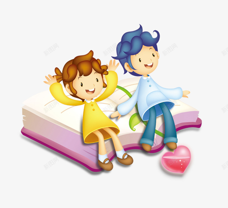 卡通躺在书本上的男孩女孩png免抠素材_新图网 https://ixintu.com 卡通人物 卡通打开的书本 躺着的男孩女孩