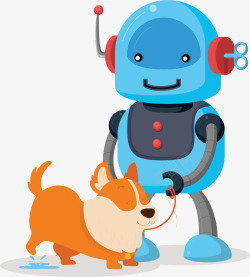 蓝色可爱遛狗机器人素材