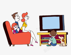 插画电视卡通一家人看电视高清图片