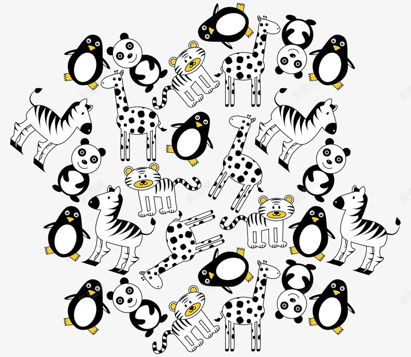手绘卡通企鹅斑马老虎熊猫图案矢量图ai免抠素材_新图网 https://ixintu.com 卡通的动物 手绘的企鹅 斑马的图案 熊猫的图案 老虎的图案 矢量图