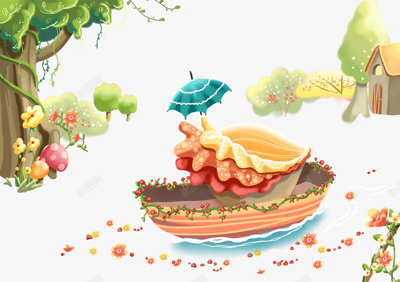 创意小船和大树png免抠素材_新图网 https://ixintu.com 创意小船 卡通花朵 卡通风景 大树 风景素材