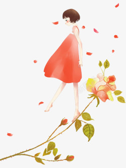 红裙小女孩漂浮花瓣高清图片