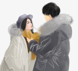 冬日元素手绘人物插画冬日戴围巾的情侣高清图片