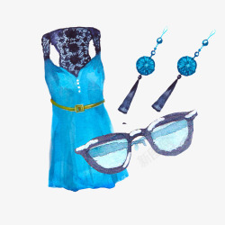 手绘水彩蓝色裙子眼镜耳环素材