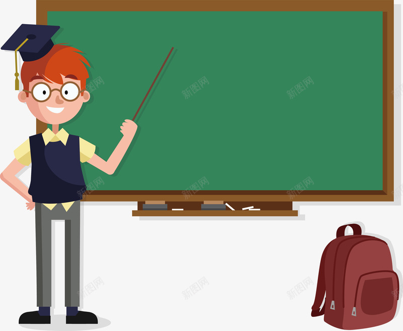 指着黑板的老师png免抠素材_新图网 https://ixintu.com 指着黑板 教育海报 矢量png 红色书包 老师 黑板