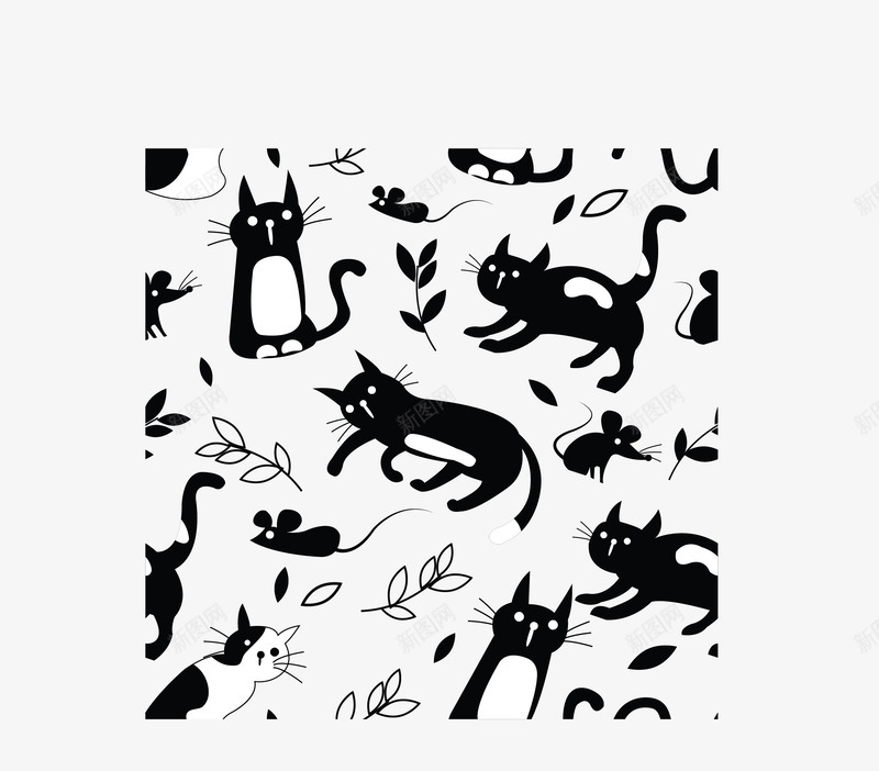 黑白卡通猫咪花纹矢量图ai免抠素材_新图网 https://ixintu.com 猫和老鼠 猫咪 猫鼠花纹 矢量png 老鼠 黑白色 矢量图