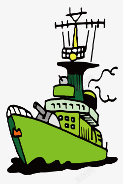 手绘绿色帆船素材