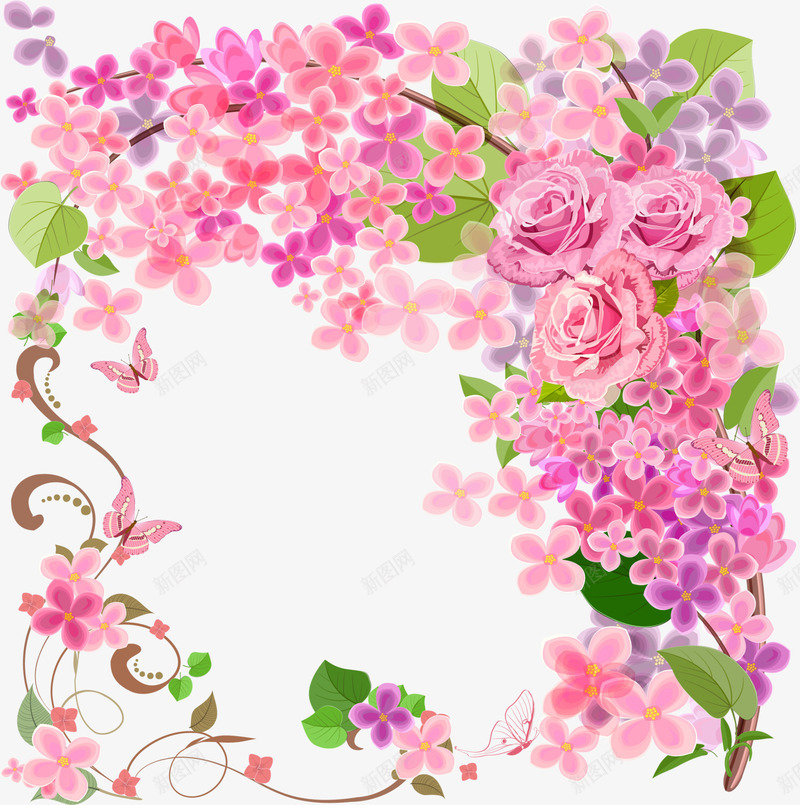 粉色花朵框架png免抠素材_新图网 https://ixintu.com 树藤蝴蝶 清新植物 简约框架 粉色花朵 美丽花朵 美图边框 边框纹理