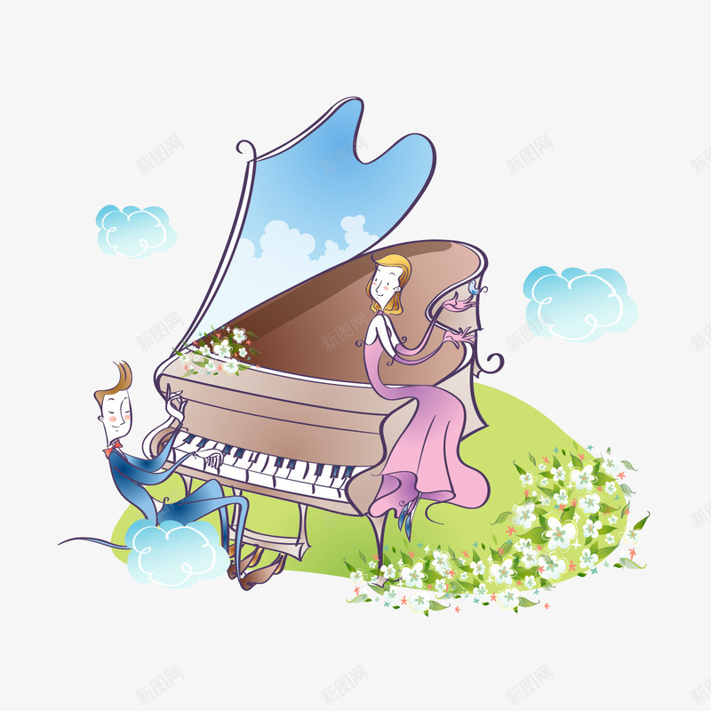 卡通弹钢琴的情侣png免抠素材_新图网 https://ixintu.com 人物 卡通情侣 卡通钢琴 情侣 矢量卡通 草坪 钢琴