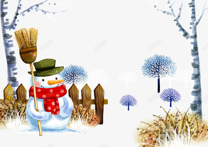 雪人拿着扫帚png免抠素材_新图网 https://ixintu.com 卡通雪人 小树 扫帚 木质护栏 雪人