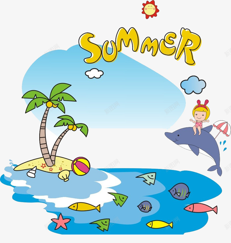 夏日海滩元素集合png免抠素材_新图网 https://ixintu.com summer 卡通可爱 夏日元素 海星 蓝色 鲸鱼