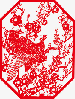 新年小鸟红色手绘的新春剪纸高清图片