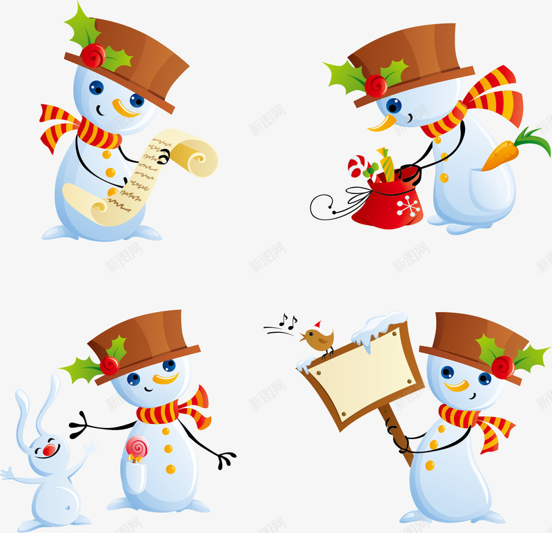 可爱的雪人png免抠素材_新图网 https://ixintu.com 圣诞节雪人举牌小鸟帽子围巾清单兔子兔年2011矢量素材
