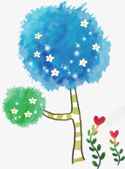 手绘水彩蓝色大树素材