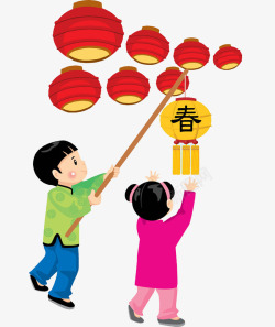 春节男孩挂红灯笼的男孩女孩高清图片