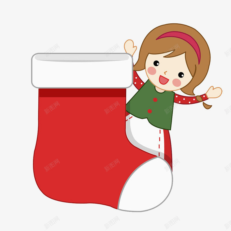 手绘圣诞袜上单位女孩图png免抠素材_新图网 https://ixintu.com 卡通 可爱的 圣诞袜 小女孩 红色的 高兴地