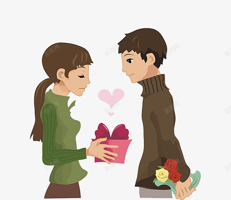 卡通送礼物的情侣png免抠素材_新图网 https://ixintu.com 卡通 情侣 拿着花朵的男人 爱心装饰 粉色礼盒 送礼物的
