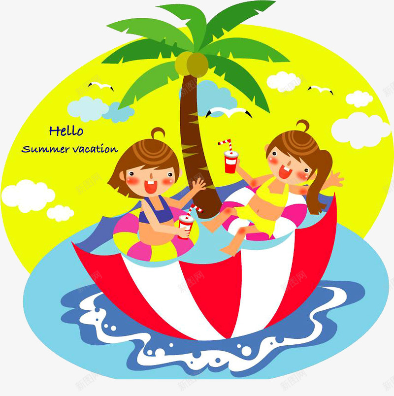 儿童插画png免抠素材_新图网 https://ixintu.com 儿童插画 夏日海滩 椰子树 游泳