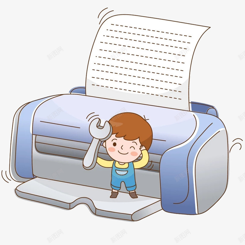 修理打印机png免抠素材_新图网 https://ixintu.com 修理打印机 办公用品 打印机 扳手 机器 男孩 纸张