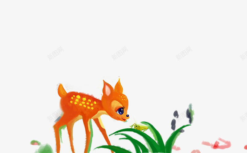 卡通手绘小鹿和蚂蚱对话psd免抠素材_新图网 https://ixintu.com 免抠动物 卡通 小草 小鹿和蚂蚱对话 手绘 植物