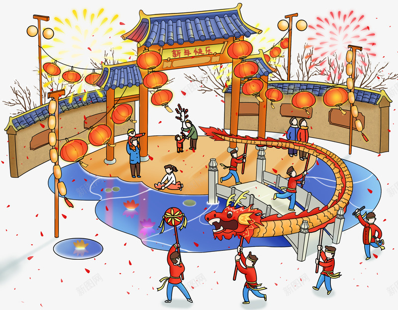 新春佳节街头舞龙插画psd免抠素材_新图网 https://ixintu.com 卡通手绘 庆祝 插画 新年 春节 舞龙 舞龙的小朋友 街头 过年