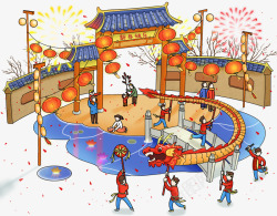 新年小朋友新春佳节街头舞龙插画高清图片