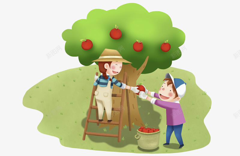 摘苹果的男人png免抠素材_新图网 https://ixintu.com 剪影 卡通 大树 手绘 果树 梯子 绿色的 苹果