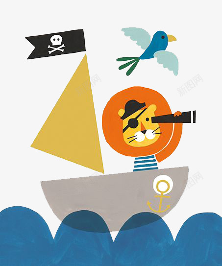 航海的狮子png免抠素材_新图网 https://ixintu.com 卡通 帆船 手绘 插画 海盗 狮子 船只
