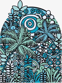 蓝绿手绘装饰树林景色图案素材