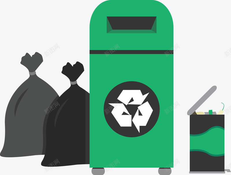 环保垃圾桶png免抠素材_新图网 https://ixintu.com 垃圾处理 循环 扁平化 绿色 袋子