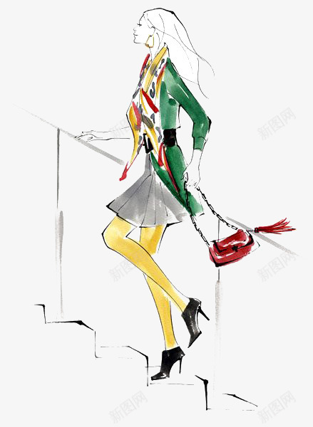 时尚街拍女生png免抠素材_新图网 https://ixintu.com 卡通 女生 手绘 插画 水墨 线条 绿色 街拍