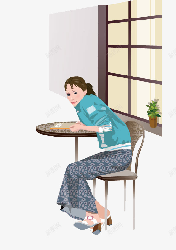 坐在椅子上的美女png免抠素材_新图网 https://ixintu.com 卡通 坐着 桌椅 美女