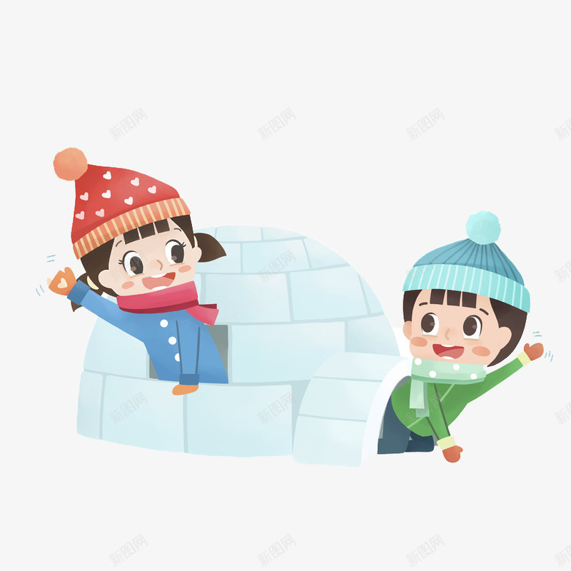 冰屋里的小女孩png免抠素材_新图网 https://ixintu.com 冬天 冰屋 创意 卡通 可爱 女孩 寒冷 小清新 手绘 红色的帽子 蓝色的帽子