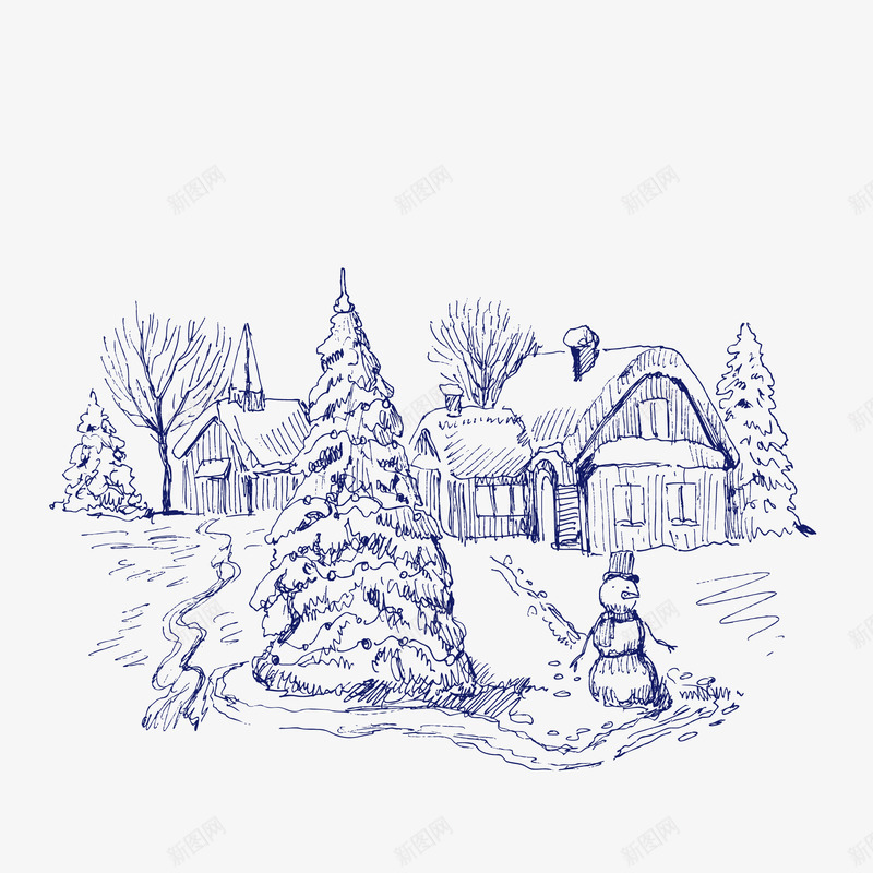 卡通手绘圣诞树雪人房屋png免抠素材_新图网 https://ixintu.com 冬天 创意动画 卡通手绘 圣诞树 房屋 雪人