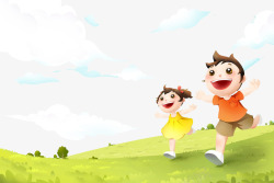 奔跑人影草地上背景卡通手绘草地上迎风奔跑的孩子高清图片