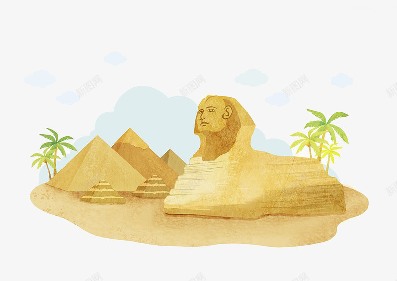 埃及金字塔插画png免抠素材_新图网 https://ixintu.com 地标 埃及金字塔插画 埃及雕塑 度假 旅游 旅行 棕榈树 狮身人面 石像 非洲