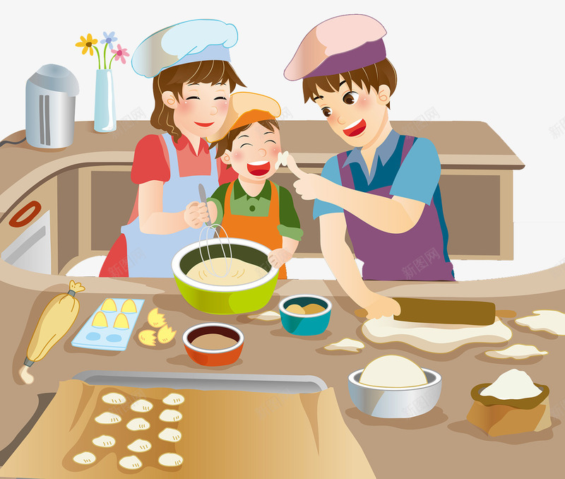 一家人制作蛋糕png免抠素材_新图网 https://ixintu.com 一家人 厨房 插画 蛋糕制作 西点师
