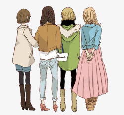 手绘闺蜜四个女孩背影高清图片