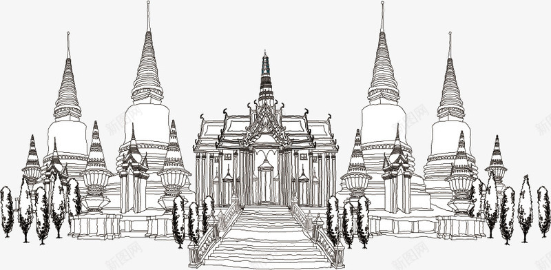 手绘泰国建筑png免抠素材_新图网 https://ixintu.com 建筑 手绘 插画 泰国
