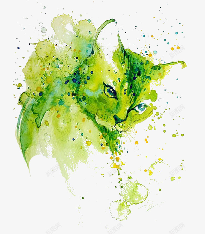 绿色水彩小猫png免抠素材_新图网 https://ixintu.com 宠物 家猫 水彩斑点