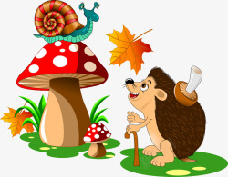 卡通蘑菇上的蜗牛看着蘑菇的刺猬矢量图高清图片