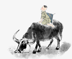 牧童放牛水墨插画清明节国画放牛的牧童高清图片