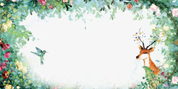 花草与小鸟乐器绿色清新水彩花草动物边框高清图片