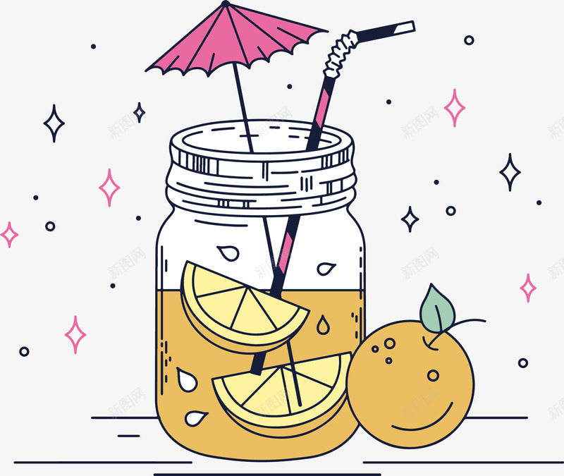 创意水果茶png免抠素材_新图网 https://ixintu.com 卡通水果茶 吸管 橘子 水果茶 雨伞