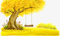 漂亮的水彩叶子画手绘树枝上的秋千高清图片
