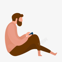 撞色矢量夸张风格卡通坐着玩手机男子夸张人物插画高清图片