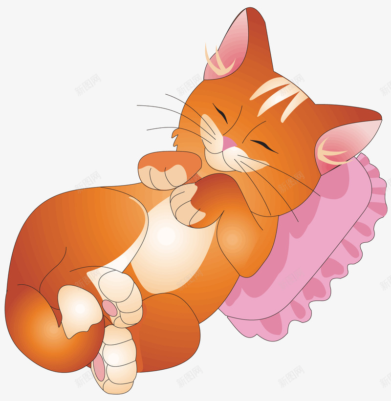 躺着的小猫咪png免抠素材_新图网 https://ixintu.com 卡通 橘黄色的小猫咪 白色的肚子 粉色的小耳朵 粉色的枕头 胡须
